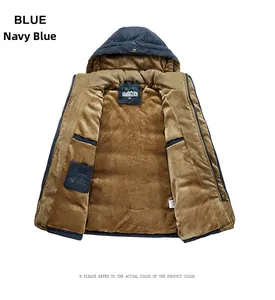 Detail view of navy blue winter jacket with warm brown fleece lining and inner pocket