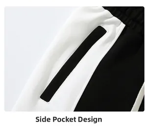 Detail of joggers with white side stripes, functional side pockets and drawstring waist