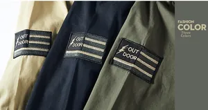 Detail of outdoor shirt sleeves in khaki, black and green with decorative patches