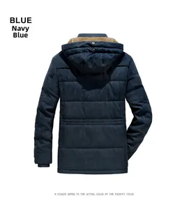 Detail view of the warm brown fleece lining and navy blue hooded winter jacket