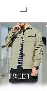 Detail of khaki cargo shirt with flap pockets and button-up front in street style