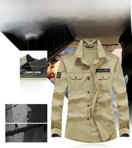 Detail view of khaki slim fit men's long sleeve work shirt with double chest pockets