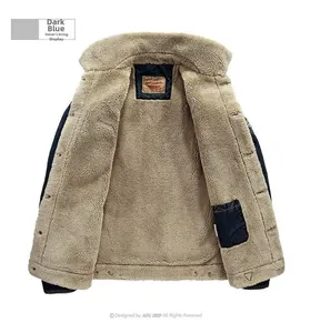 Detail view of navy blue jacket featuring thick faux shearling lining and inner pocket