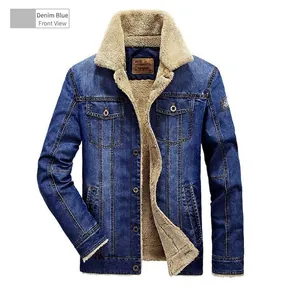 Detail view of denim blue jacket with warm beige lamb wool lining and front pockets