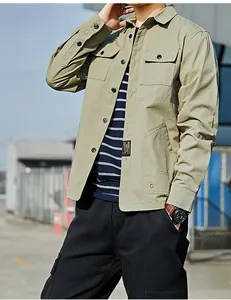 Detail of men's casual cargo jacket with dual pockets and FREE AND EASY design label