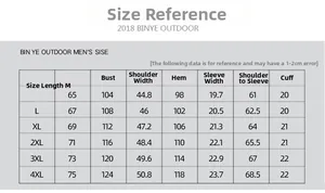 Tableau des tailles détaillé pour veste de protection solaire homme du M au 4XL