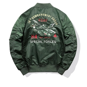 Detailed embroidery on the back of army green MA1 bomber jacket with USAF theme