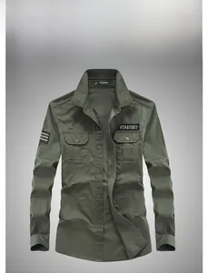 Close-up of army green long sleeve military shirt with chest pockets and embroidery