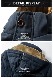 Detailed macro view of the windproof stand collar and fleece-lined warm hood on the jacket