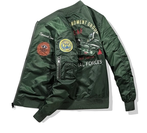 Detailed embroidery of Special Forces and fighter jet on army green MA1 flight jacket