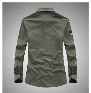 Back view detail of military green cotton shirt featuring outdoor sleeve patch design