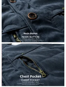 Detail of brown resin buttons and metal zipper pocket on dark blue winter jacket