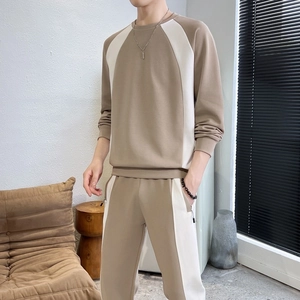 Men's khaki crewneck sweatshirt and joggers set with white side panels for casual wear