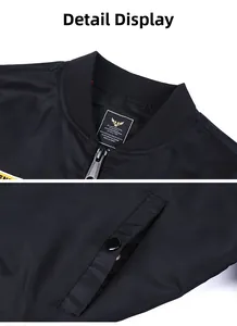 Detail of bomber jacket ribbed collar, military woven label, and snap side pocket