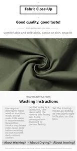Close-up of military green twill fabric texture with detailed laundry care instructions