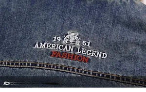 Detail of high-density navy denim jacket featuring American Legend vintage embroidery