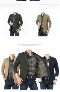 Detail view of cotton blazer jackets in olive green, khaki and navy blue with lining detail