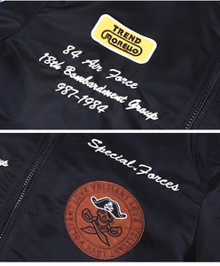 Close-up of military patches and high-quality embroidery on black pilot jacket