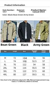 Detailed size chart and color selection for men's 100% cotton casual cargo shirts