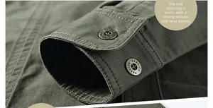 Detailed macro view of olive green shirt cuff with double-row stitching and fashion buttons
