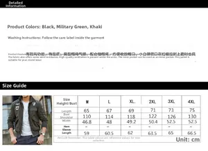 Detailed size chart for men's tactical military jacket with measurements from M to 4XL