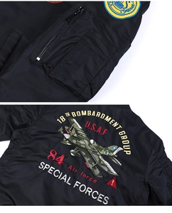 Detail of MA1 bomber jacket with USAF embroidery and zipper pocket on nylon sleeve