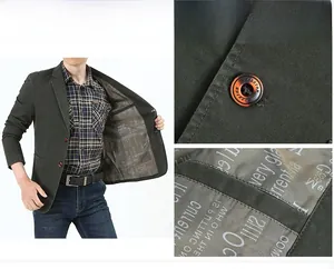Detail of olive green blazer showing printed silk lining and engraved fashion buttons