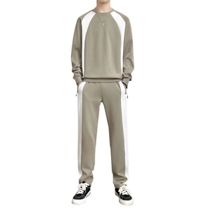 Men's khaki cotton tracksuit set with crewneck sweatshirt and side-stripe joggers