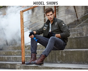 Detailed embroidery patches and arm pocket on military style jacket with stand collar
