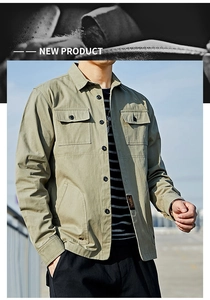 Detail of cargo shirt with chest flap pockets and high-density cotton texture