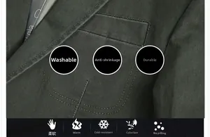 Close-up of deep green suit jacket fabric showing durable twill texture and stitching details