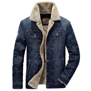 Men's navy denim sherpa jacket with warm fleece lining and chest pockets for winter wear