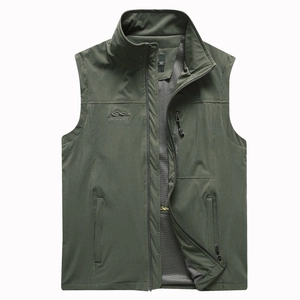 Men's outdoor dark green vest with stand collar, zip pockets and breathable mesh lining