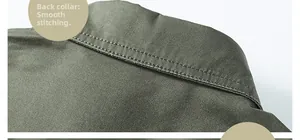 Detail of the high-quality stitching on the back neckline of the army green slim fit shirt