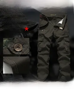 Detail of durable army green straight pants showing metal button and cargo pockets