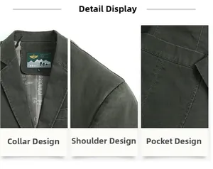 Detail view of army green men's cotton workwear jacket featuring notch lapel and shoulder stitching