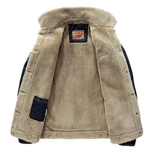 Classic men's thick denim jacket with warm beige sherpa lining and single breasted buttons
