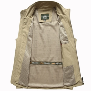 Front view of khaki outdoor utility vest with stand collar and breathable mesh lining