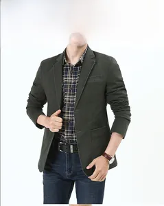 Detail of army green casual cotton blazer featuring large patch pockets and notch lapels