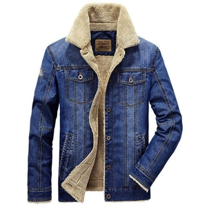 Navy men's sherpa lined denim jacket with classic button closure and warm collar