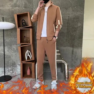Men's khaki fleece casual tracksuit set with zip jacket and striped trousers