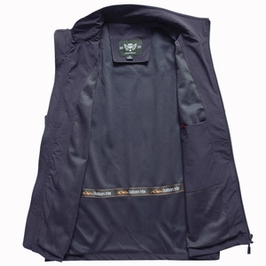 Men's navy outdoor fishing vest with breathable mesh lining and stand collar