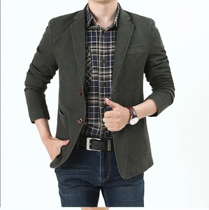 Detailed view of dark olive green men's cotton blazer with front patch pockets
