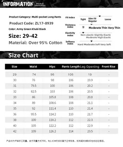 Detailed size chart for men's straight casual pants with specific cotton fabric specs