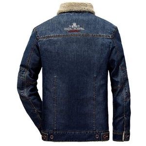 Men's navy denim jacket with sherpa collar and American Legend back embroidery