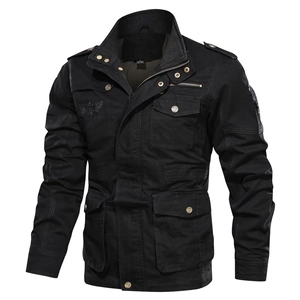 Men's black tactical cotton field jacket with multi-pockets and military stand collar