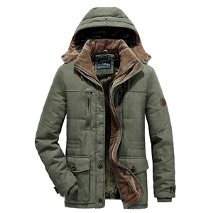 Men's olive green thermal fleece-lined parka jacket with hood and multi-pocket detail