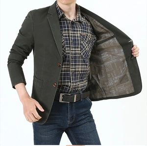Detail view of deep olive green blazer lining with decorative pattern and inner pocket
