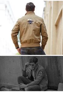 Detailed back embroidery of eagle head and branding on khaki military pilot jacket