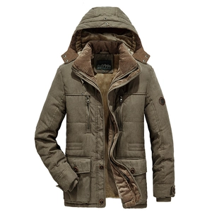 Men's winter olive brown hooded puffer jacket with fleece lining and multi-pockets